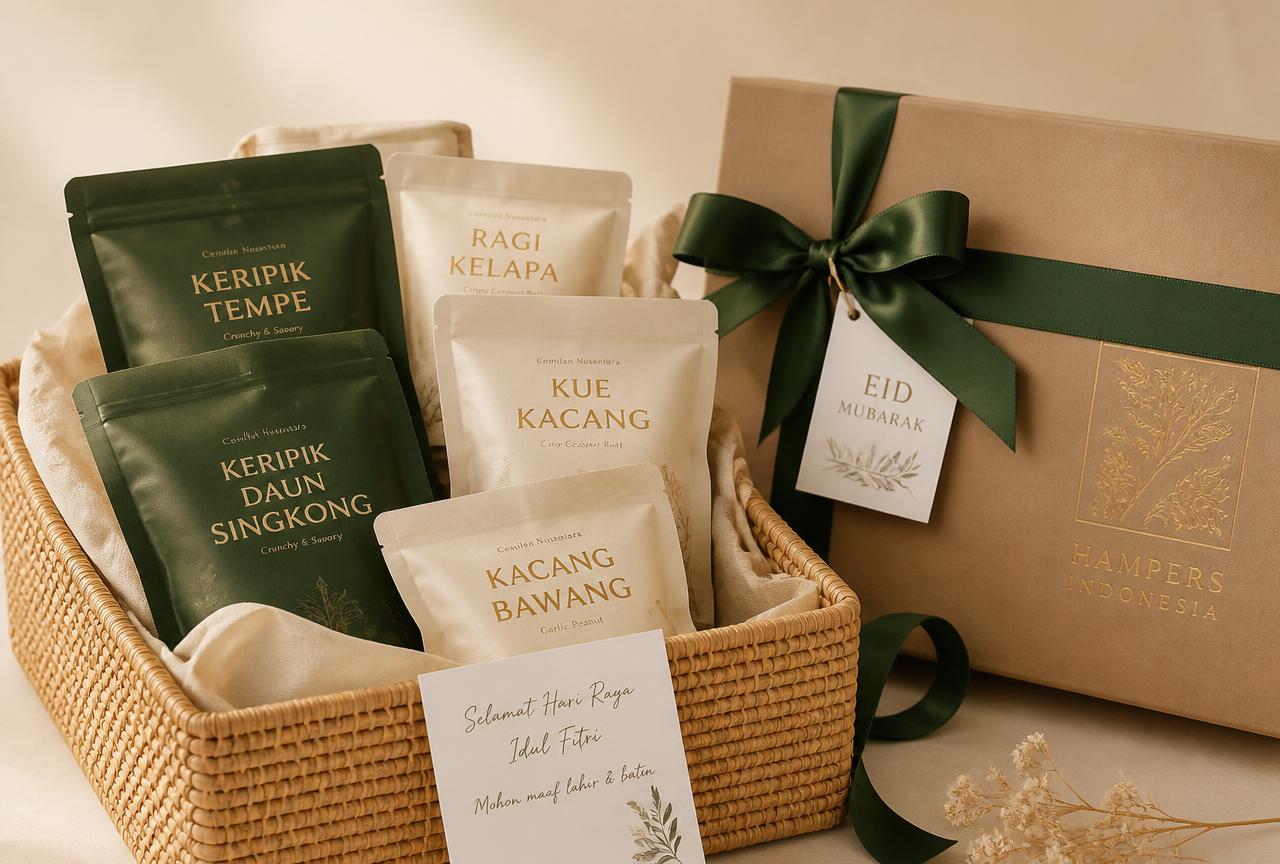 Contoh hampers Boga Bimatra dengan box eksklusif, pita, dan kartu ucapan
