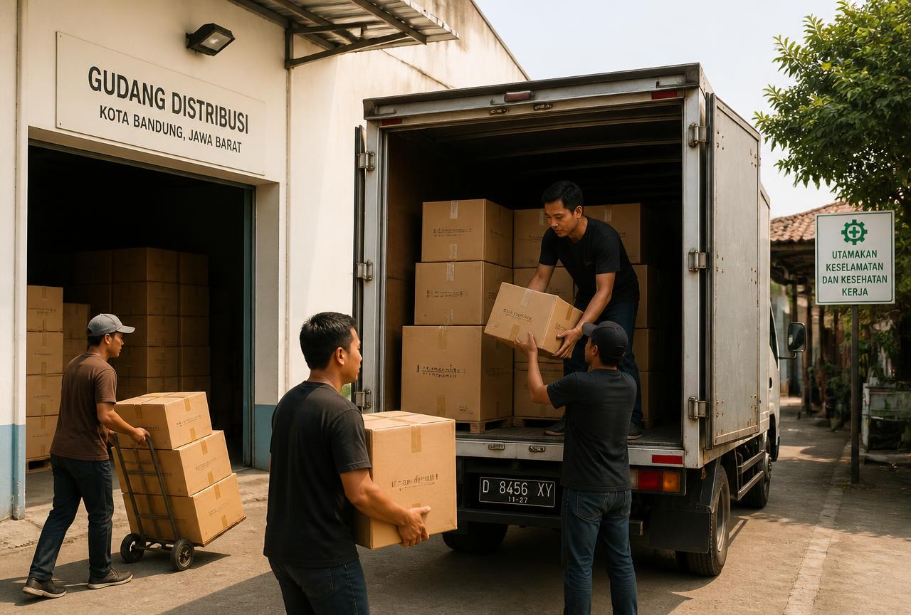Kardus pengiriman camilan siap distribusi di gudang logistik